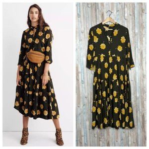 Madewell Olive Green Floral Crepe Button-Front Tea-Length Dress - Sz Medium M